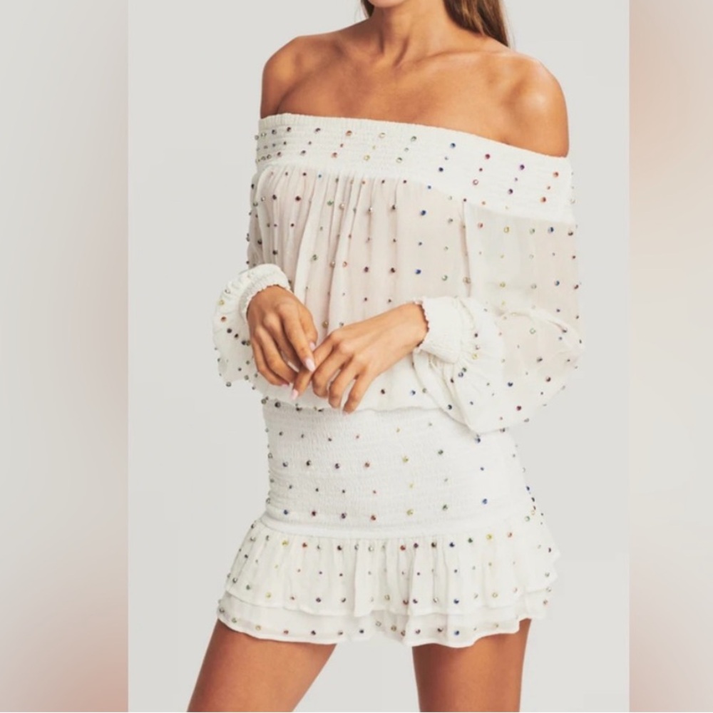 Taisha Embellished Silk Chiffon Dress - White w/ Rainbow retrofete